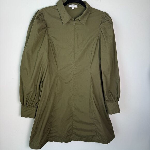 Avara Rhett Dress Mini Zip Up Balloon Sleeve Zip Up Cotton Poplin Olive Green L - Picture 5 of 13